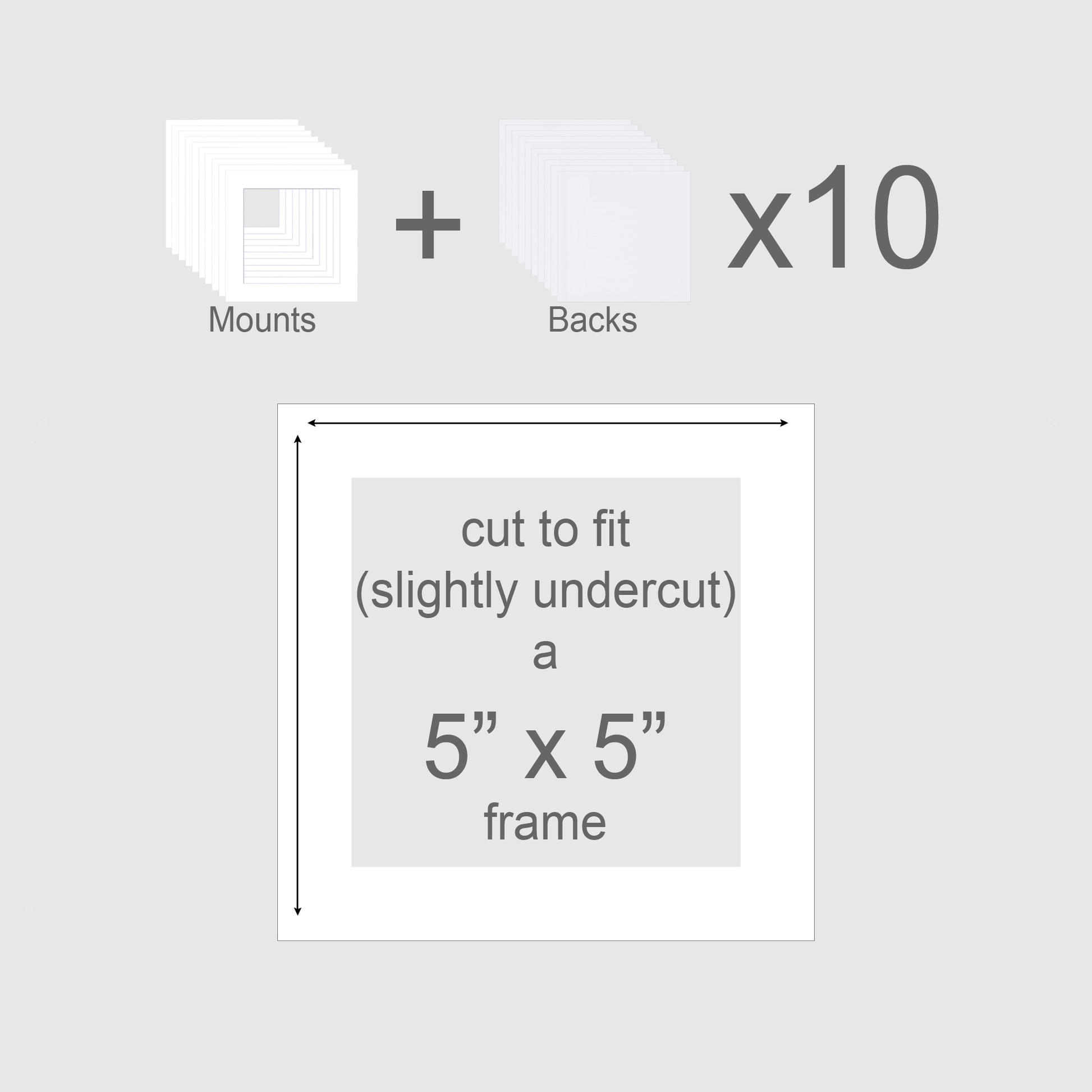 Pack of 10 photo mounts to fit 5x5 inch frames.