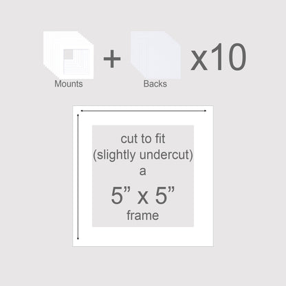 Pack of 10 photo mounts to fit 5x5 inch frames.