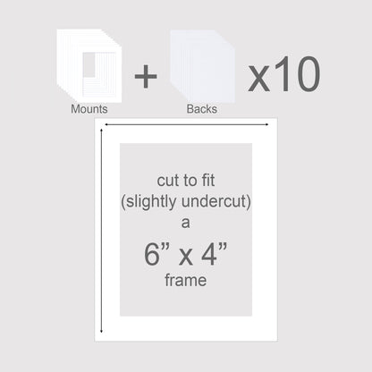 Pack of 10 mounts with backing boards to fit standard size 6x4 inch picture frames.