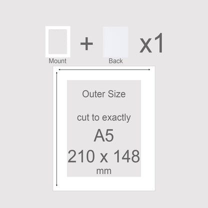 Conservation grade , acid-free pH neutral white-core mountboard. Standard size A5 picture window photo mount with backing board. To fit A5 picture frames.