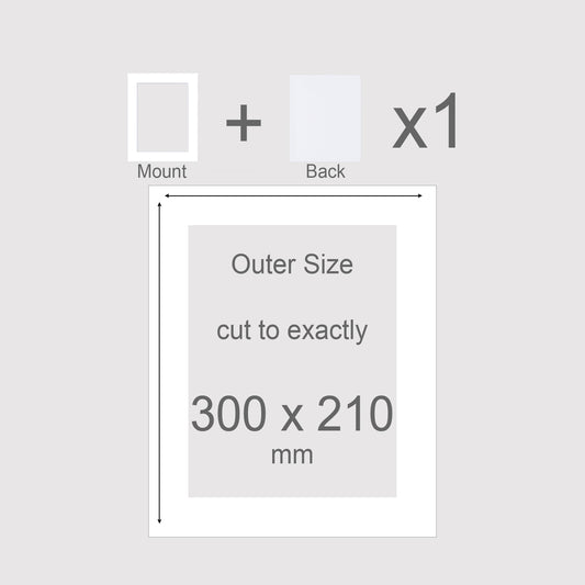 Standard size 300x210mm picture window photo mounts with backing boards. Conservation grade, acid-free, pH neutral, white-core mount board. Premium quality.