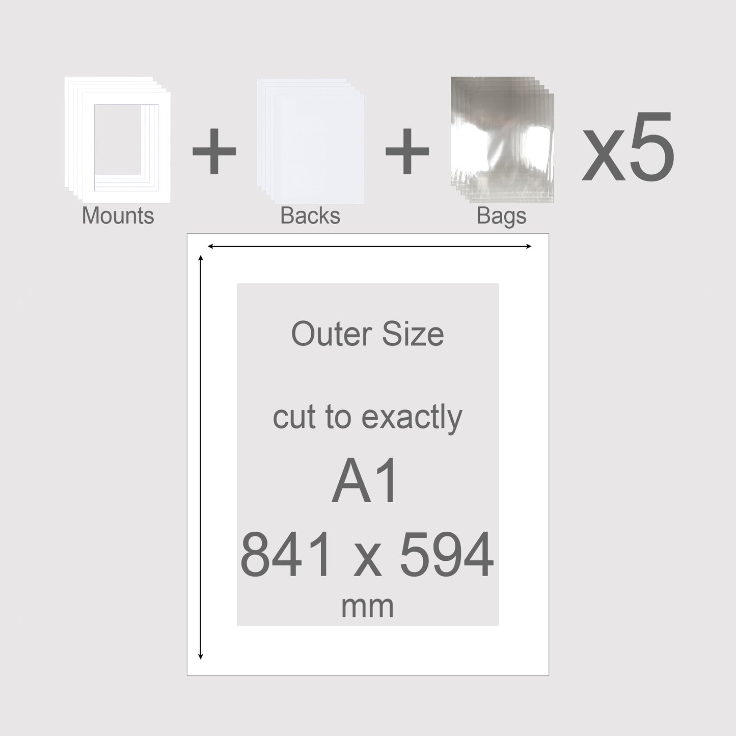 Conservation grade, acid-free, pH neutral, white-core, picture window photo mounts with backs and bags. Exact outer size A1 841 x 594mm.