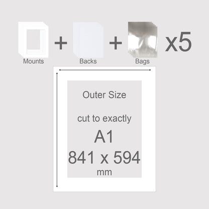 Conservation grade, acid-free, pH neutral, white-core, picture window photo mounts with backs and bags. Exact outer size A1 841 x 594mm.