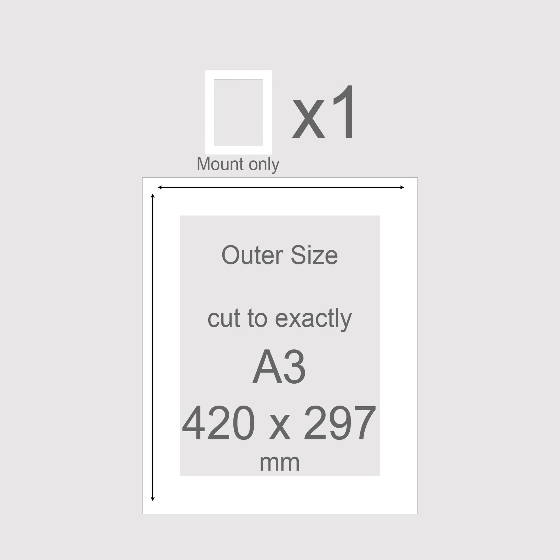 Conservation grade, acid-free, pH neutral, white-core, picture window photo mounts. Exact outer size A3 420 x 297mm.