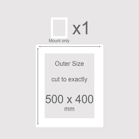 Picture window photo mount. Outer size 500mm x 400mm. Conservation grade, acid-free, white-core.