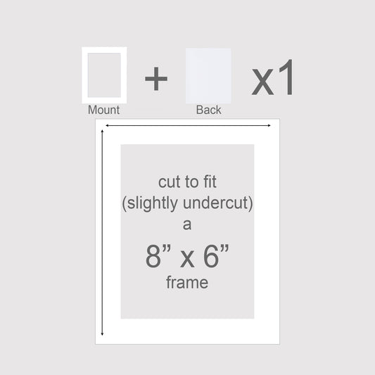 Photo mount with backing board to fit pictures into a 8x6 inch frame.