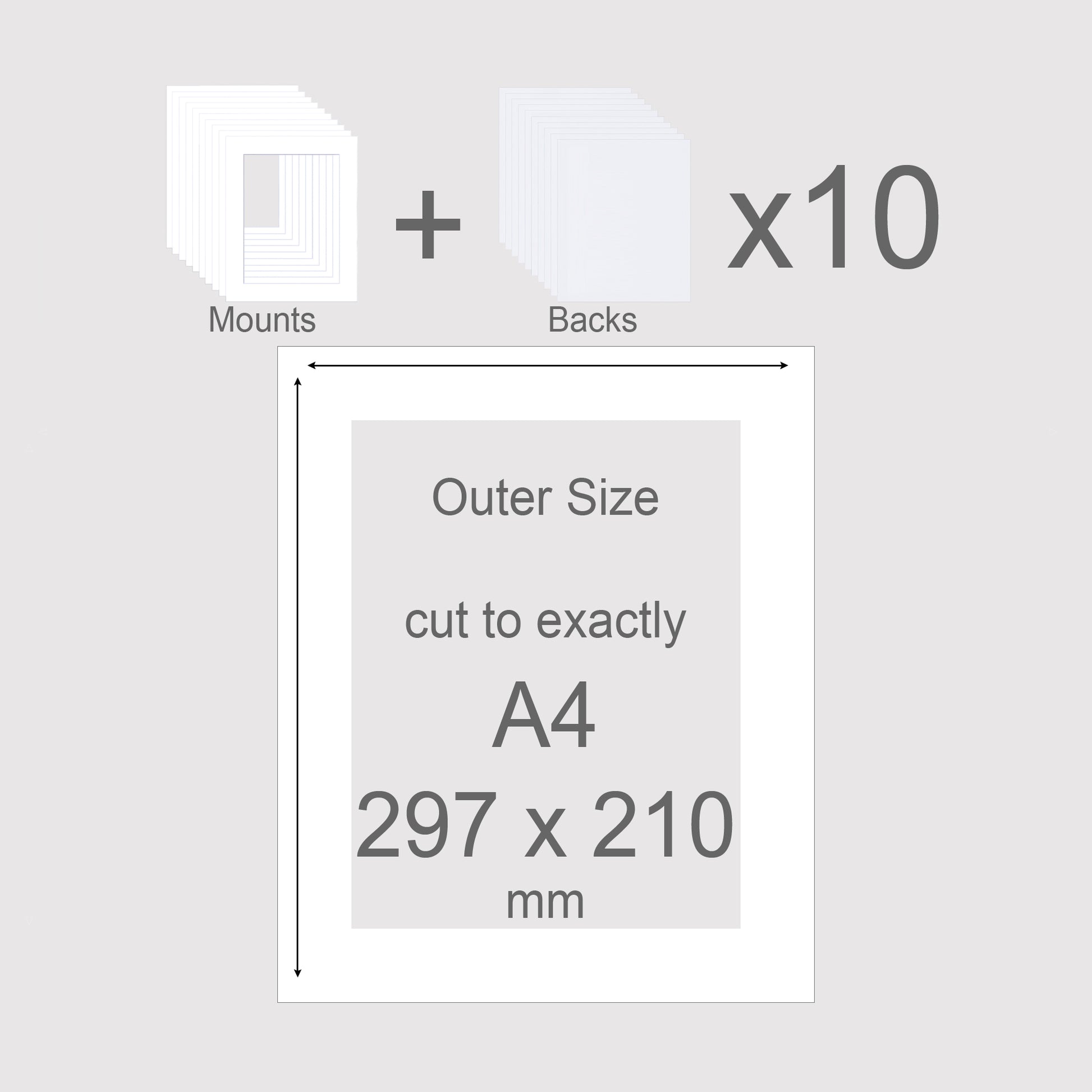 Conservation grade , acid-free pH neutral white-core mountboard. Pack of 10 standard size A4 picture window photo mounts with backing boards. To fit A4 picture frames.