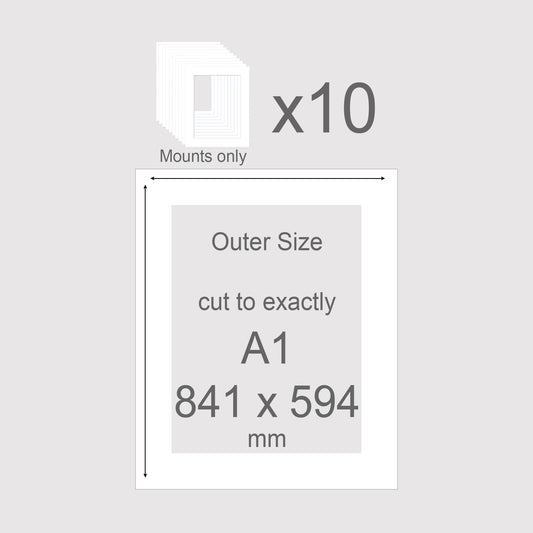 Conservation grade, acid-free, pH neutral, white-core, picture window photo mounts. Exact outer size A1 841 x 594mm.