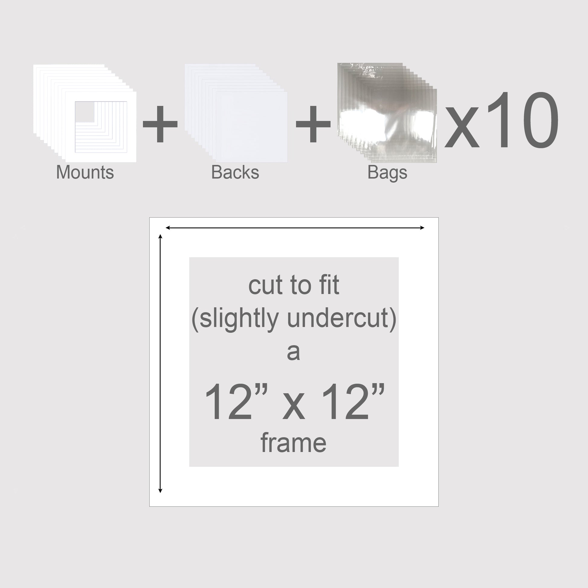 Picture Mount kit. Frame size 12x12 inches. 10x Mounts, backing boards, and cellophane envelopes.