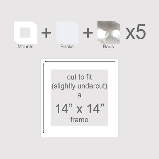 14x14 inch mounts kit. Pack of 5 mounts, backing boards, and cellophane envelopes.