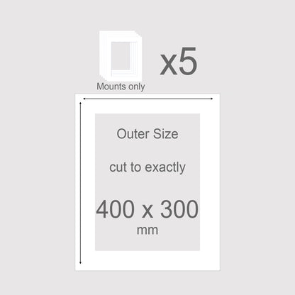 Standard size 400x300mm picture window photo mounts with equal 25mm borders, aperture size 350x250mm. Pack of 5.