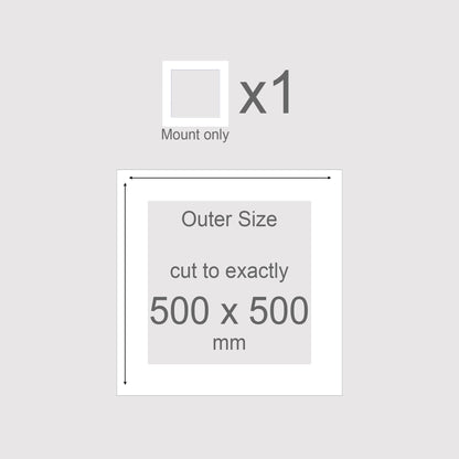 Standard size 500x500mm picture window photo mounts. Conservation grade, acid-free, pH neutral, white-core mount board. Premium quality.