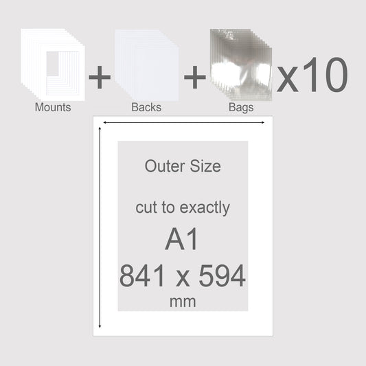 Conservation grade, acid-free, pH neutral, white-core, picture window photo mounts with backs and bags. Exact outer size A1 841 x 594mm.