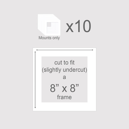 Pack of 10 picture mounts to fit 8x8 inch frames.