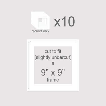 Pack of 10 photo mounts to fit 9x9 inch picture frames.