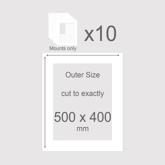 Picture window photo mounts. Outer size 500mm x 400mm. Conservation grade, acid-free, white-core.