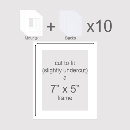 Pack of 10 picture mounts with backs. To fit standard 7x5 inch frames.