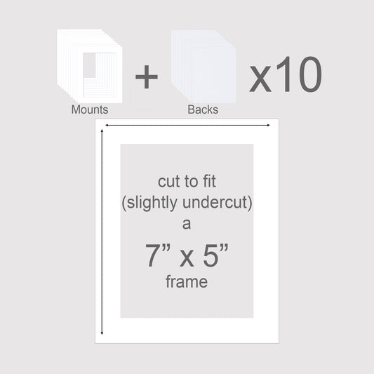 Pack of 10 picture mounts with backs. To fit standard 7x5 inch frames.