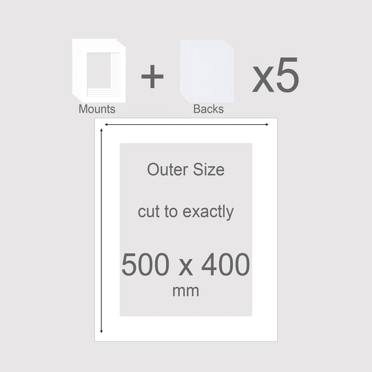 Picture window photo mounts with backing boards. Outer size 500mm x 400mm. Conservation grade, acid-free, white-core.