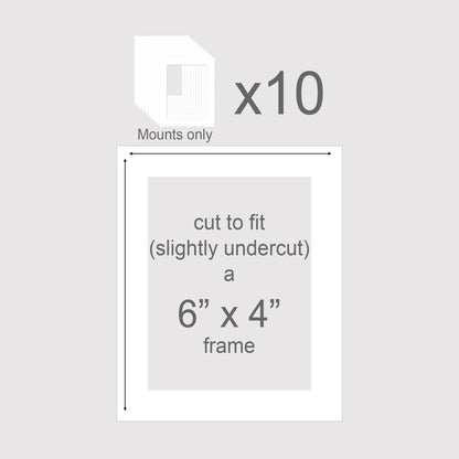 Pack of 10 picture mounts to fit standard size 6x4 inch photo frames.