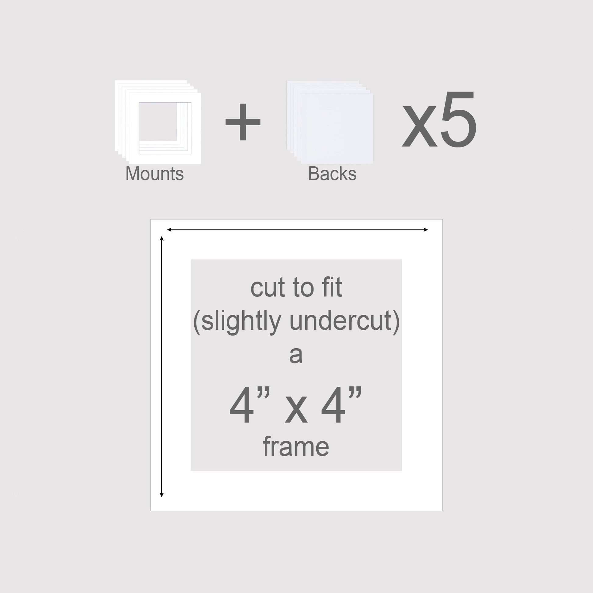 Photo mount borders to fit 4x4 inch picture frames. Pack of 5 mounts and 5 backs.