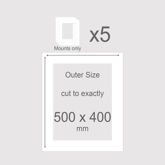 Picture window photo mounts. Outer size 500mm x 400mm. Conservation grade, acid-free, white-core.