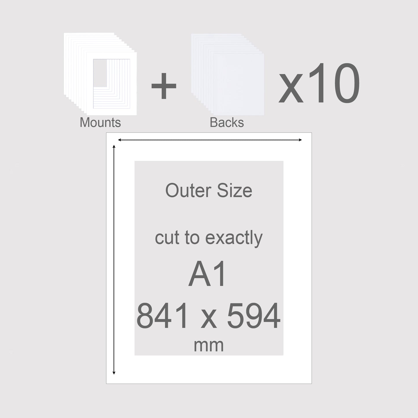 Conservation grade, acid-free, pH neutral, white-core, picture window photo mounts with backing boards. Exact outer size A1 841 x 594mm.