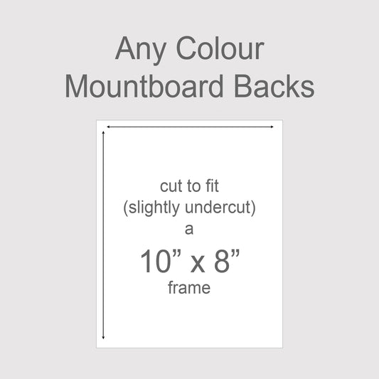 Backing boards in all colours, acid-free white-core 1.4mm thick. Outer size to fit a 10x8 inch frame.