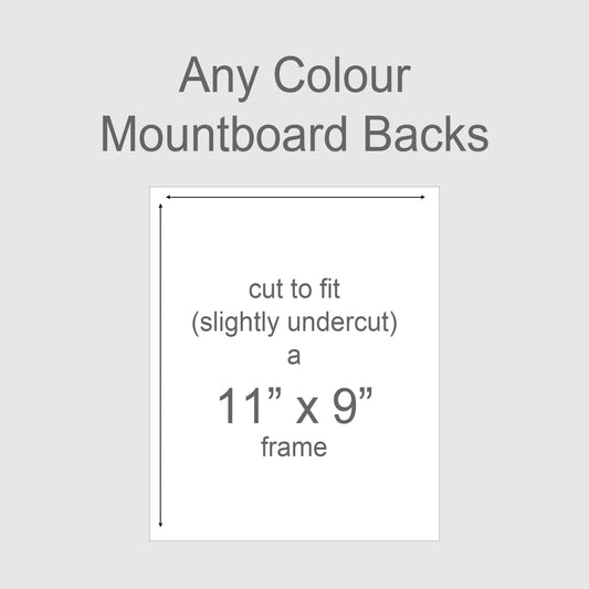 Backing boards in all colours, acid-free white-core 1.4mm thick. Outer size to fit a 11x9 inch frame.