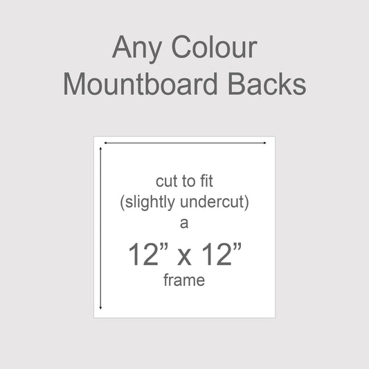 Backing boards in all colours, acid-free white-core 1.4mm thick. Outer size to fit a 12x12 inch frame, exact cut size 302mm x 302mm