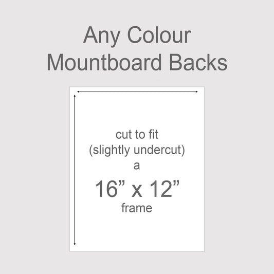 Backing boards in all colours, acid-free white-core 1.4mm thick. Outer size to fit a 16x12 inch frame.