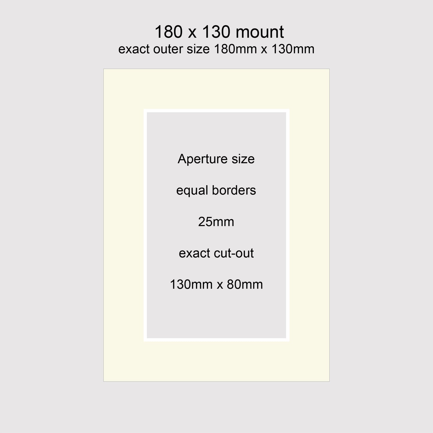 Standard size 180 x 130mm picture window photo mounts with equal 25mm borders. Aperture size 130 x 80mm. Conservation grade, acid-free, pH neutral, white-core mount board.