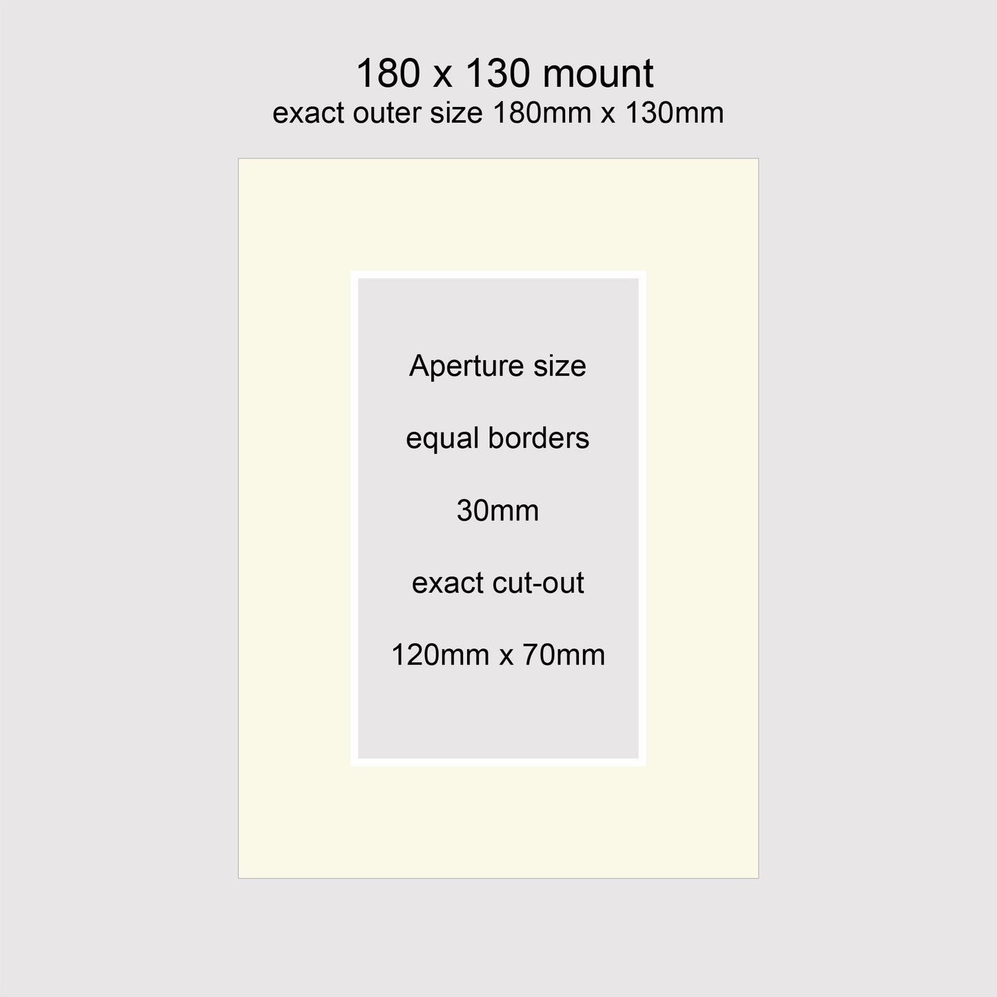 Standard size 180 x 130mm picture window photo mounts with equal 30mm borders. Aperture size 120 x 70mm. Conservation grade, acid-free, pH neutral, white-core mount board.