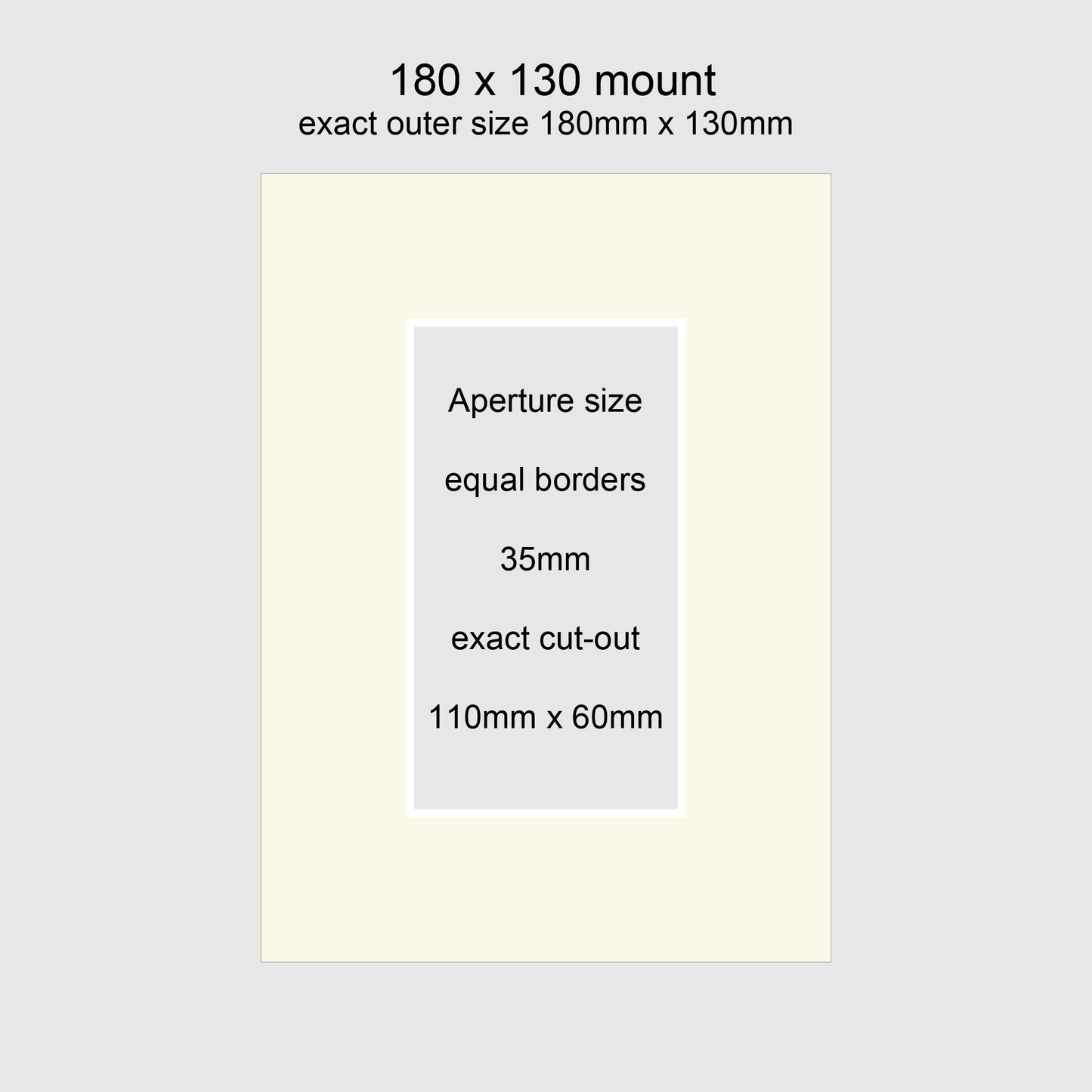 Standard size 180 x 130mm picture window photo mounts with equal 35mm borders. Aperture size 110 x 60mm. Conservation grade, acid-free, pH neutral, white-core mount board.