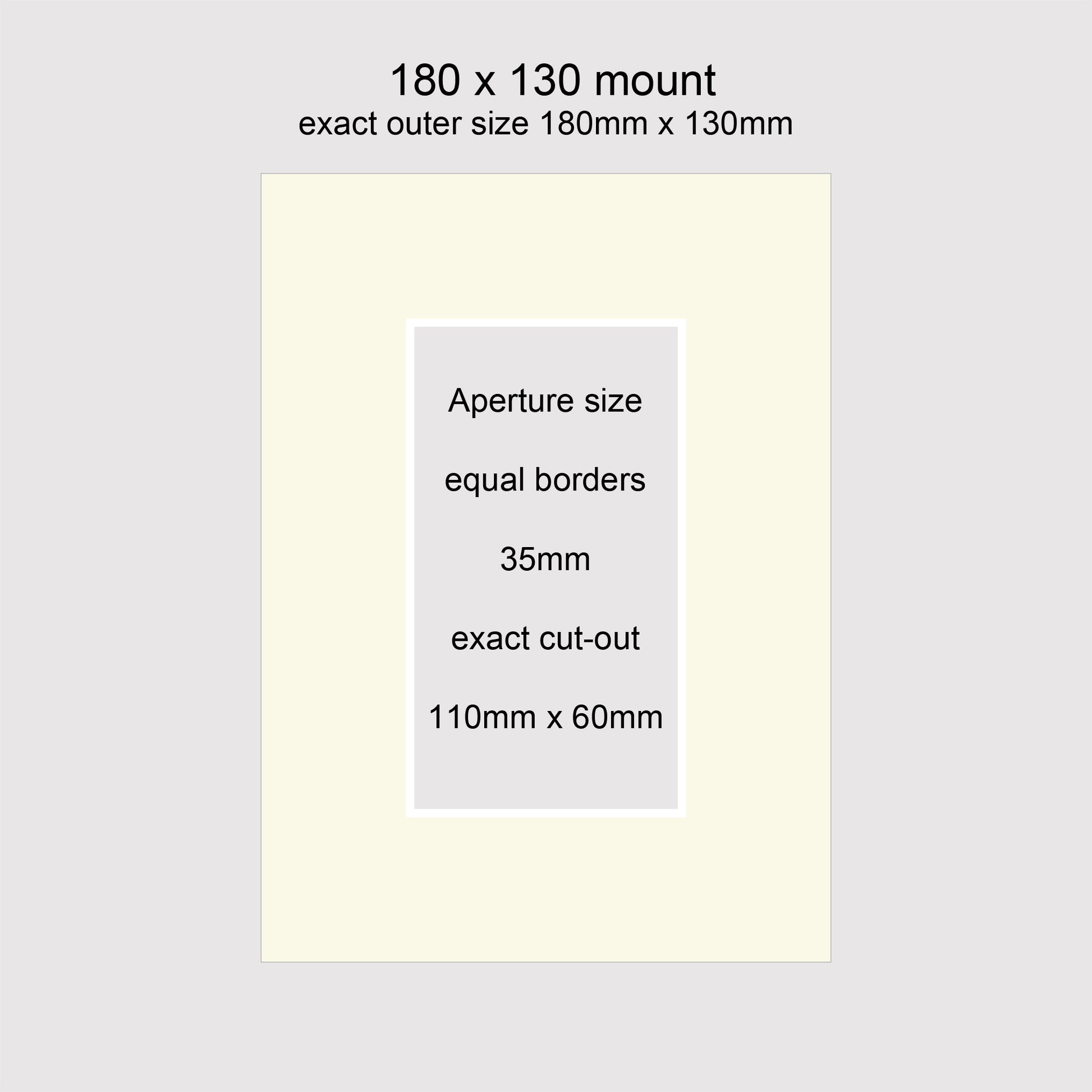 Standard size 180 x 130mm picture window photo mounts with equal 35mm borders. Aperture size 110 x 60mm. Conservation grade, acid-free, pH neutral, white-core mount board.