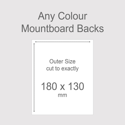 Backing boards in all colours, acid-free white-core 1.4mm thick. Outer size 180x130mm, 18x13cm.