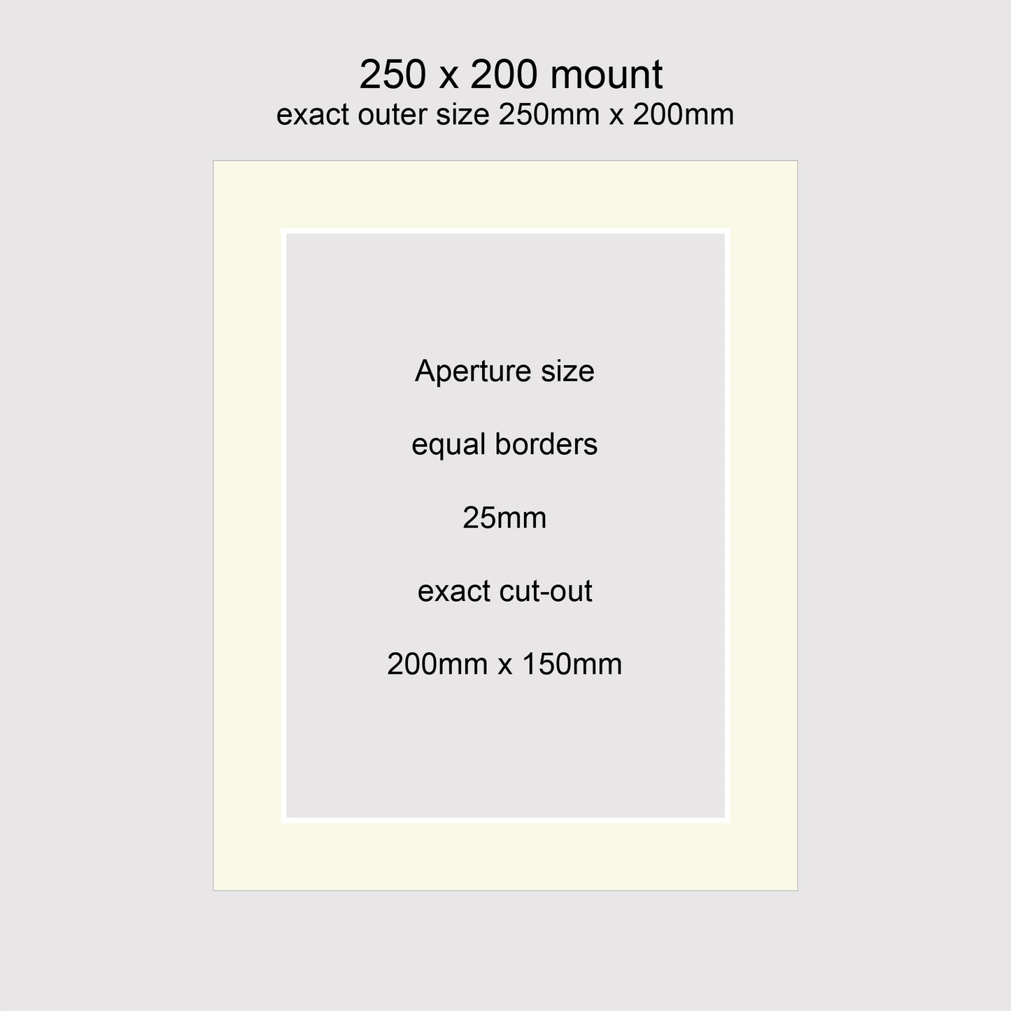 Standard size 250x200mm picture window photo mounts with equal 25mm borders, aperture size 200x150mm.