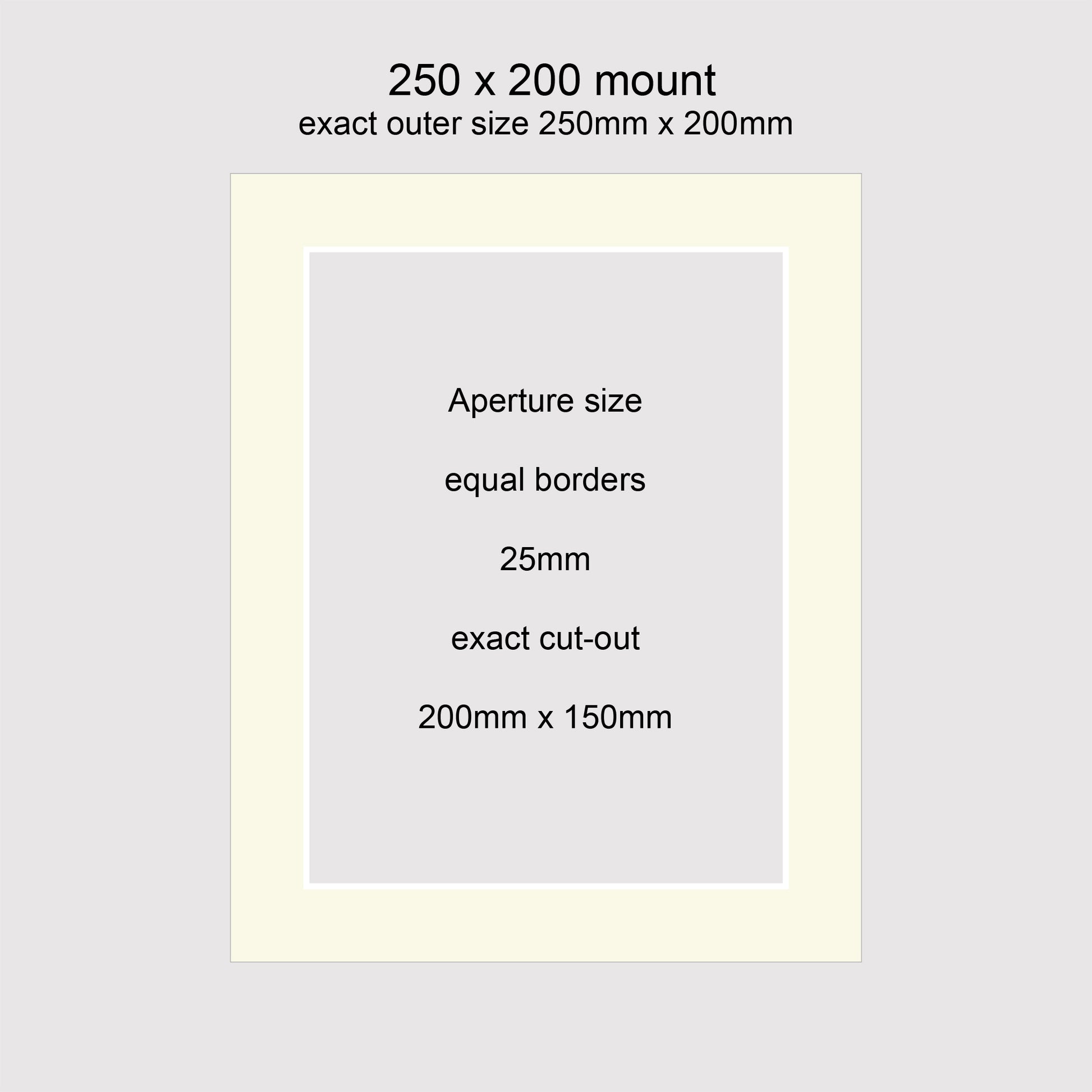 Standard size 250x200mm picture window photo mounts with equal 25mm borders, aperture size 200x150mm.