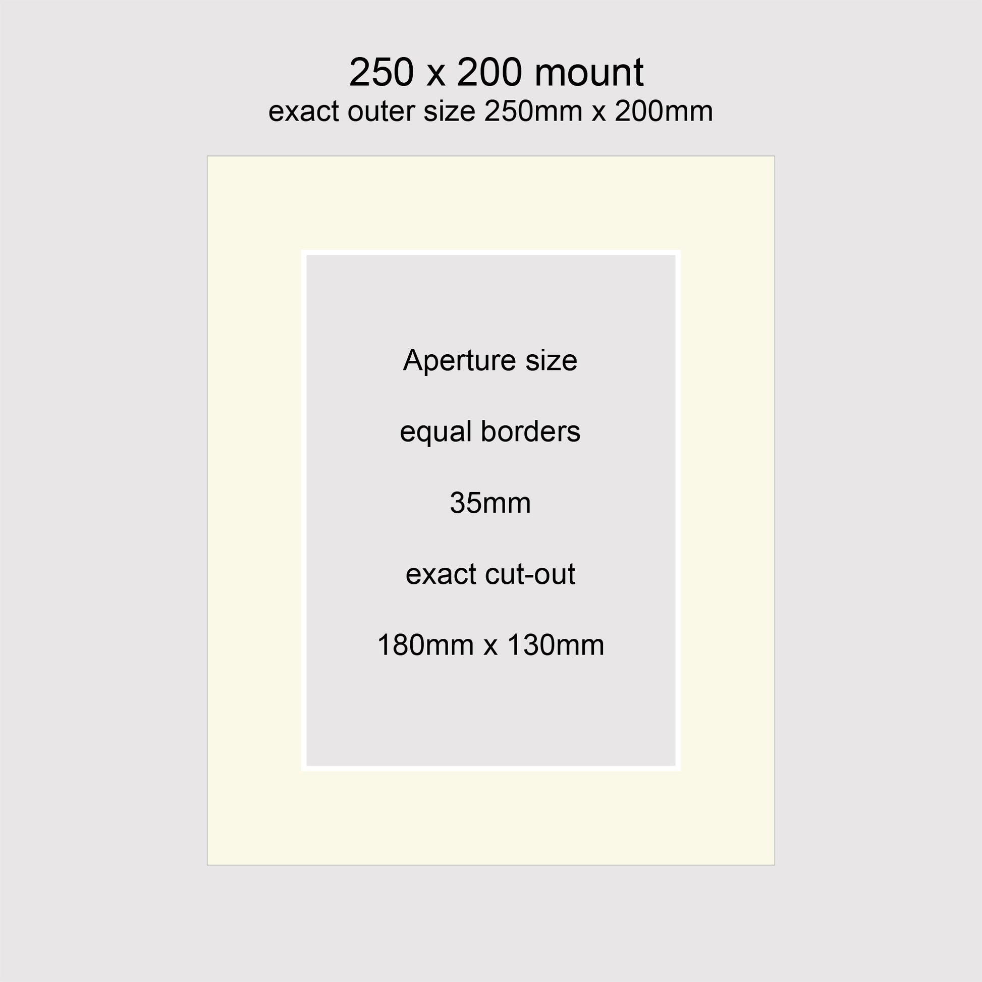 Standard size 250x200mm picture window photo mounts with equal 35mm borders, aperture size 180x130mm.