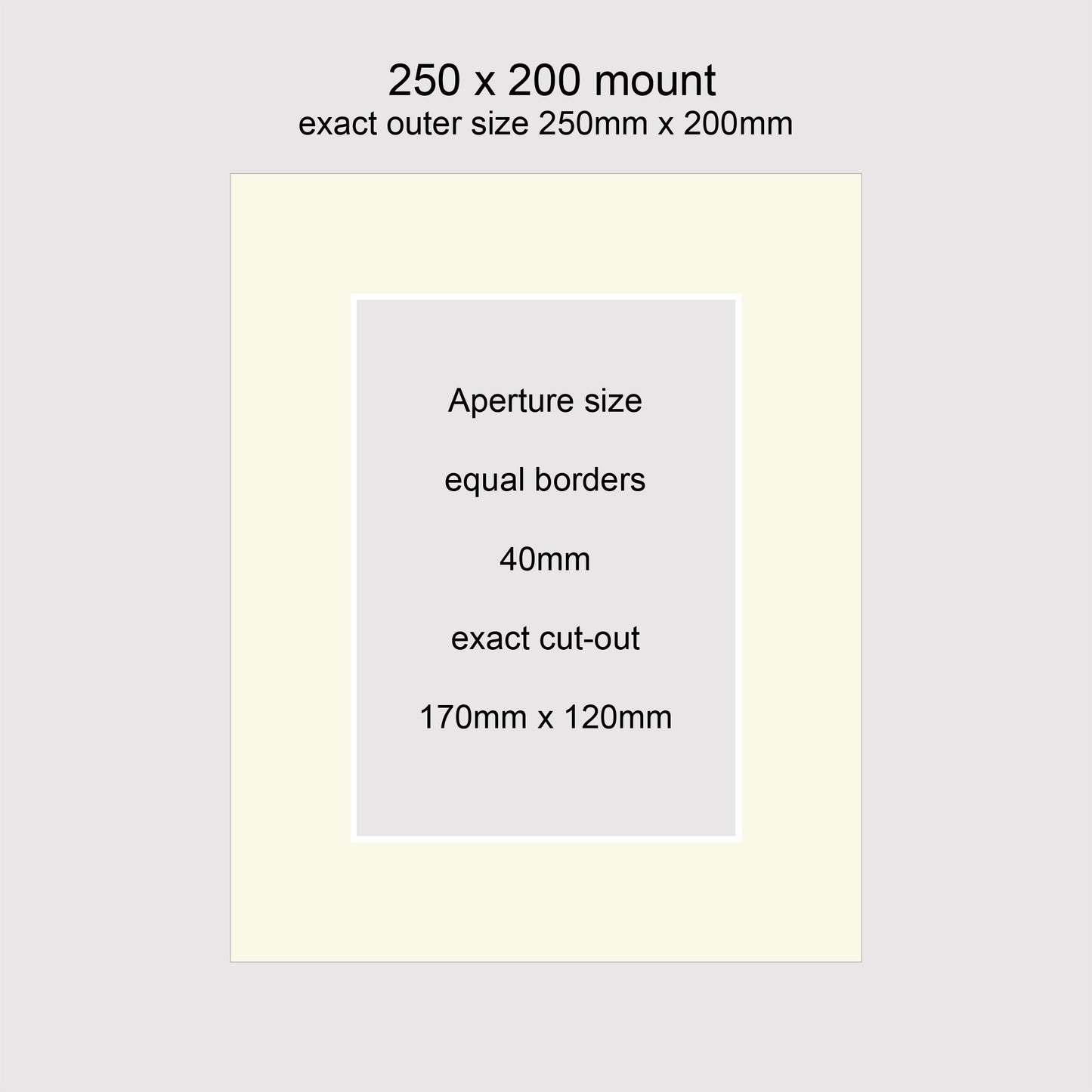 Standard size 250x200mm picture window photo mounts with equal 40mm borders, aperture size 170x120mm.