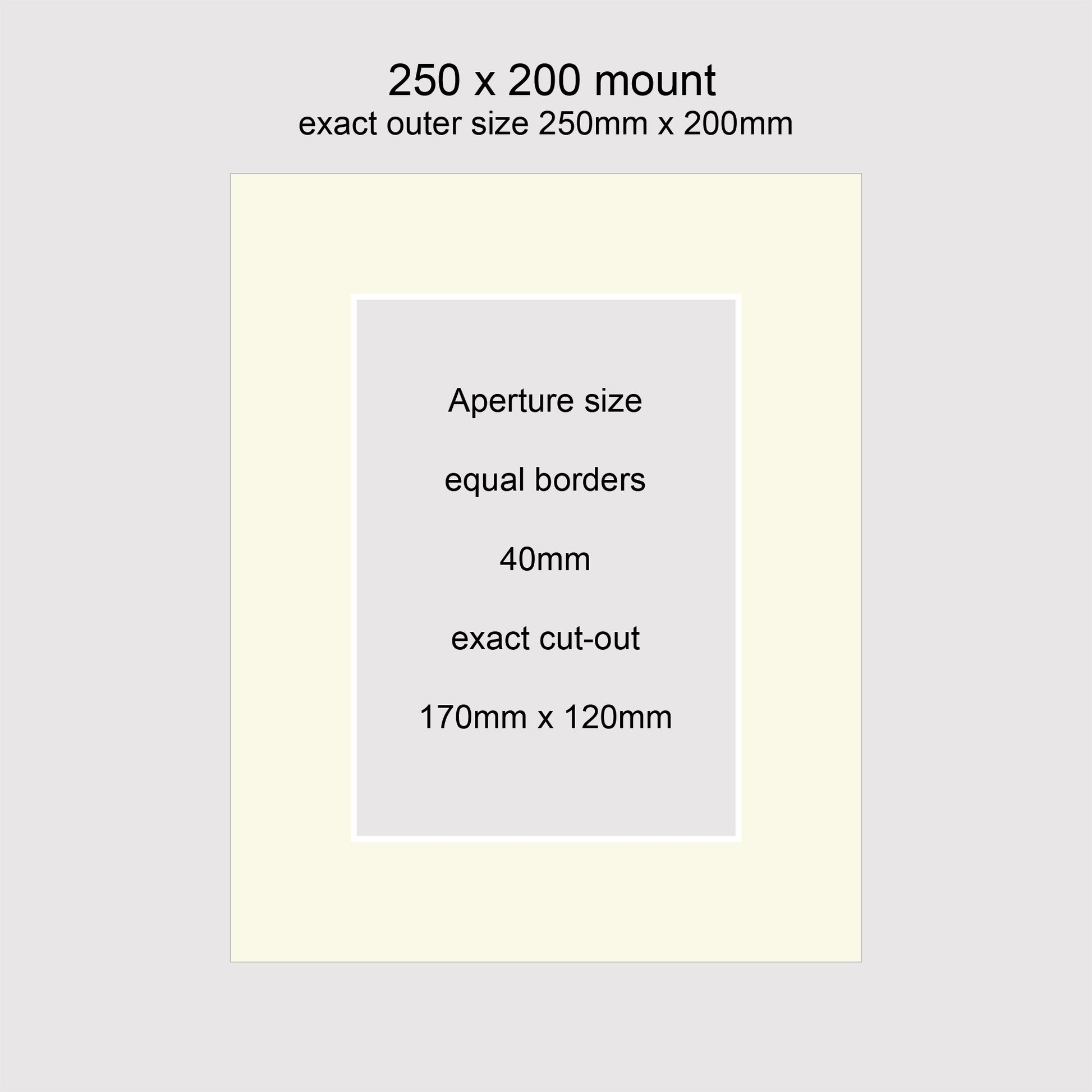 Standard size 250x200mm picture window photo mounts with equal 40mm borders, aperture size 170x120mm.