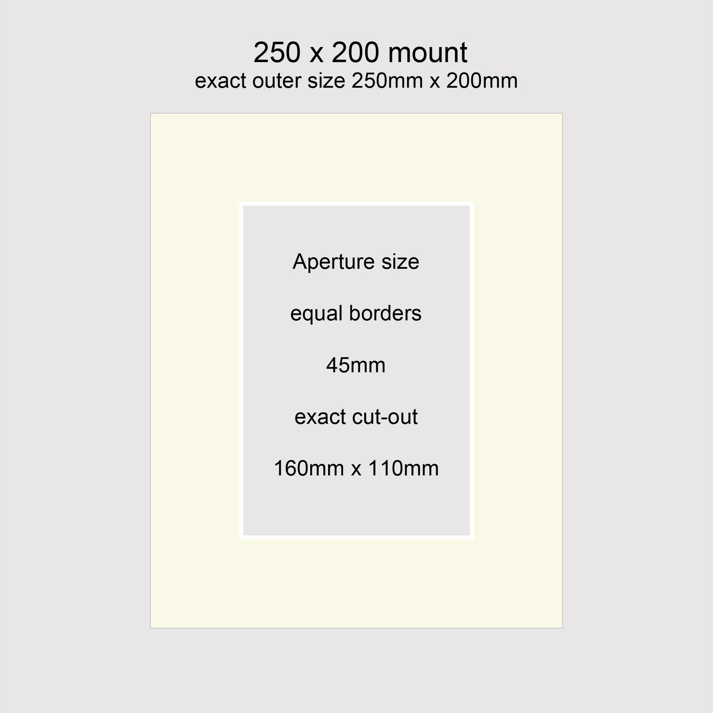 Standard size 250x200mm picture window photo mounts with equal 45mm borders, aperture size 160x110mm.