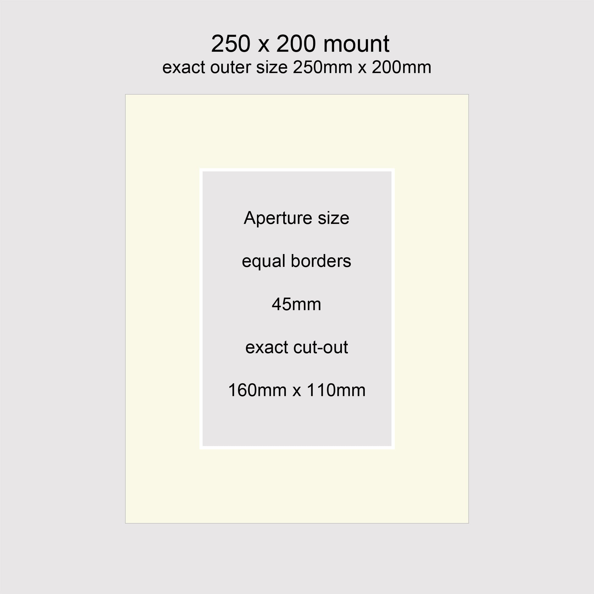 Standard size 250x200mm picture window photo mounts with equal 45mm borders, aperture size 160x110mm.