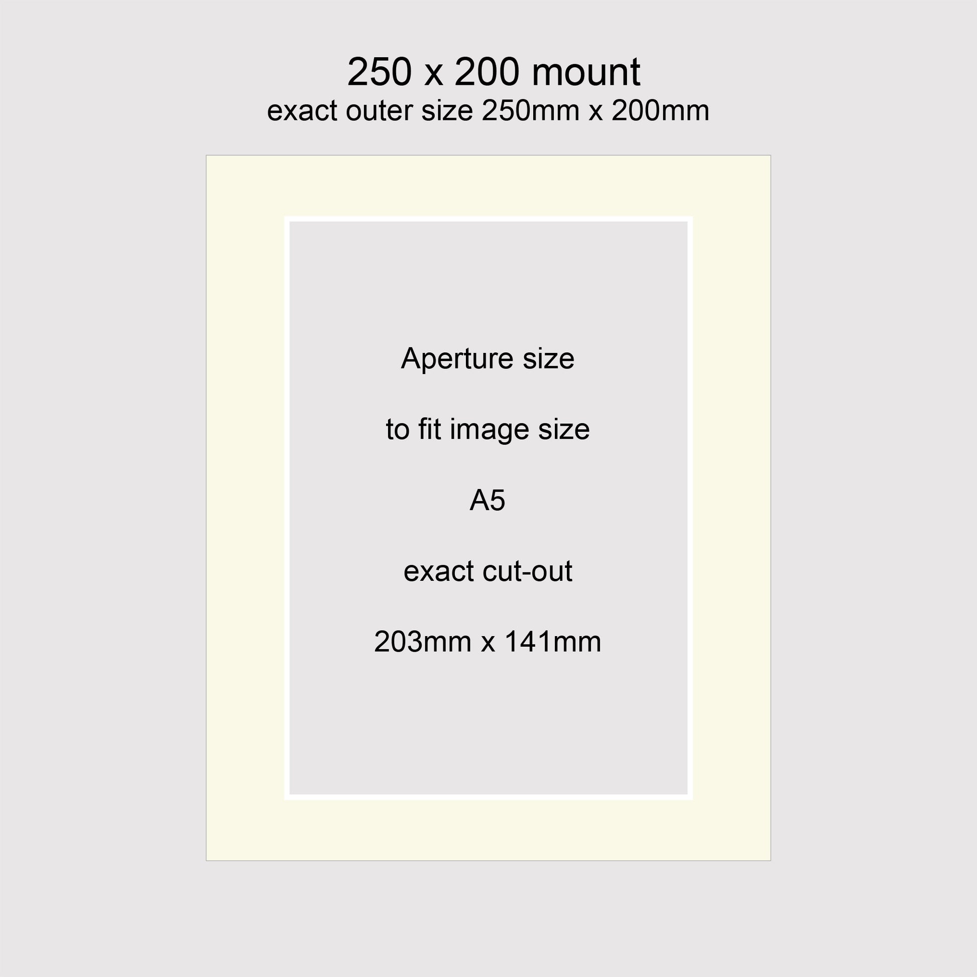 Standard size 250x200mm picture window photo mounts to fit image size A5, aperture size 203x141mm.