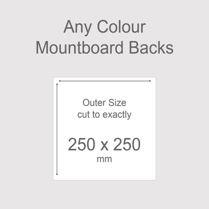 Backing boards in all colours, acid-free white-core 1.4mm thick. Outer size exactly 250mm x 250mm, 25cm x 25cm.