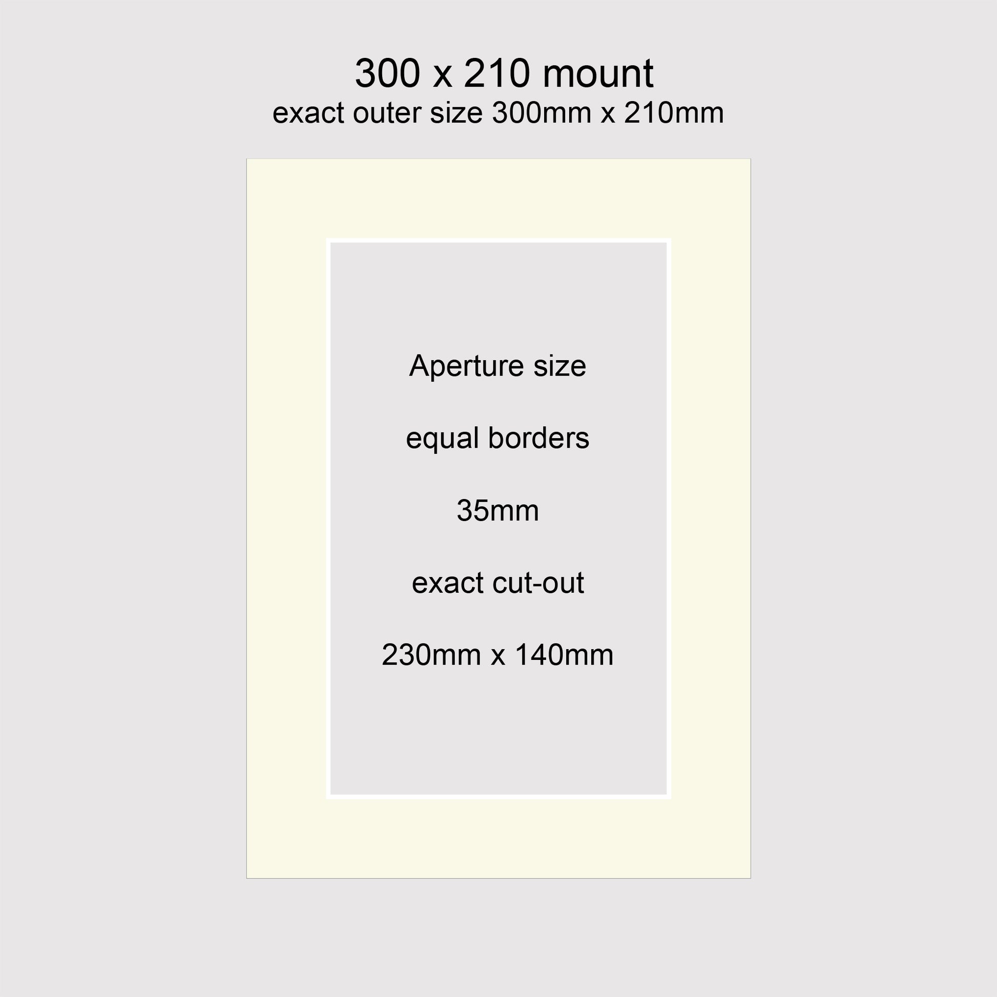 Standard size 300x210mm picture window photo mounts with equal 35mm borders, aperture size 230x140mm.