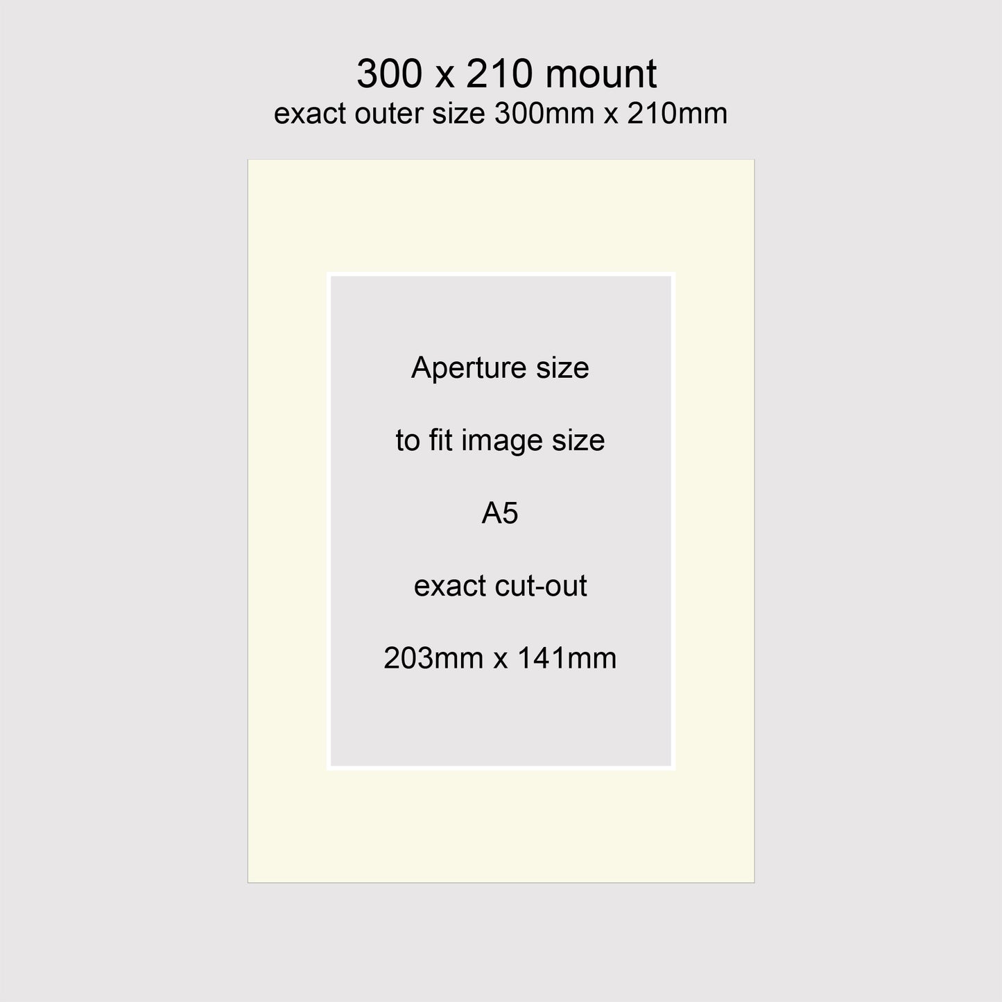 Standard size 300x210mm picture window photo mounts to fit A5 images, aperture size 203x141mm.