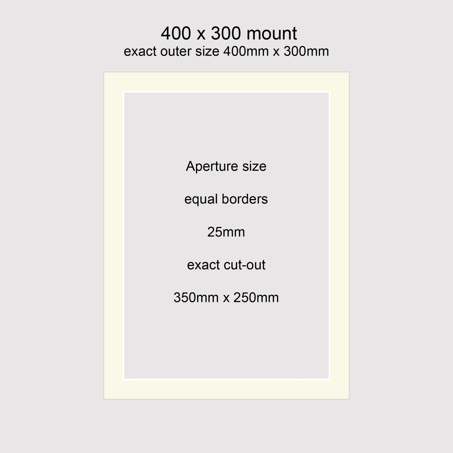 Standard size 400x300mm picture window photo mounts with equal 25mm borders, aperture size 350x250mm.