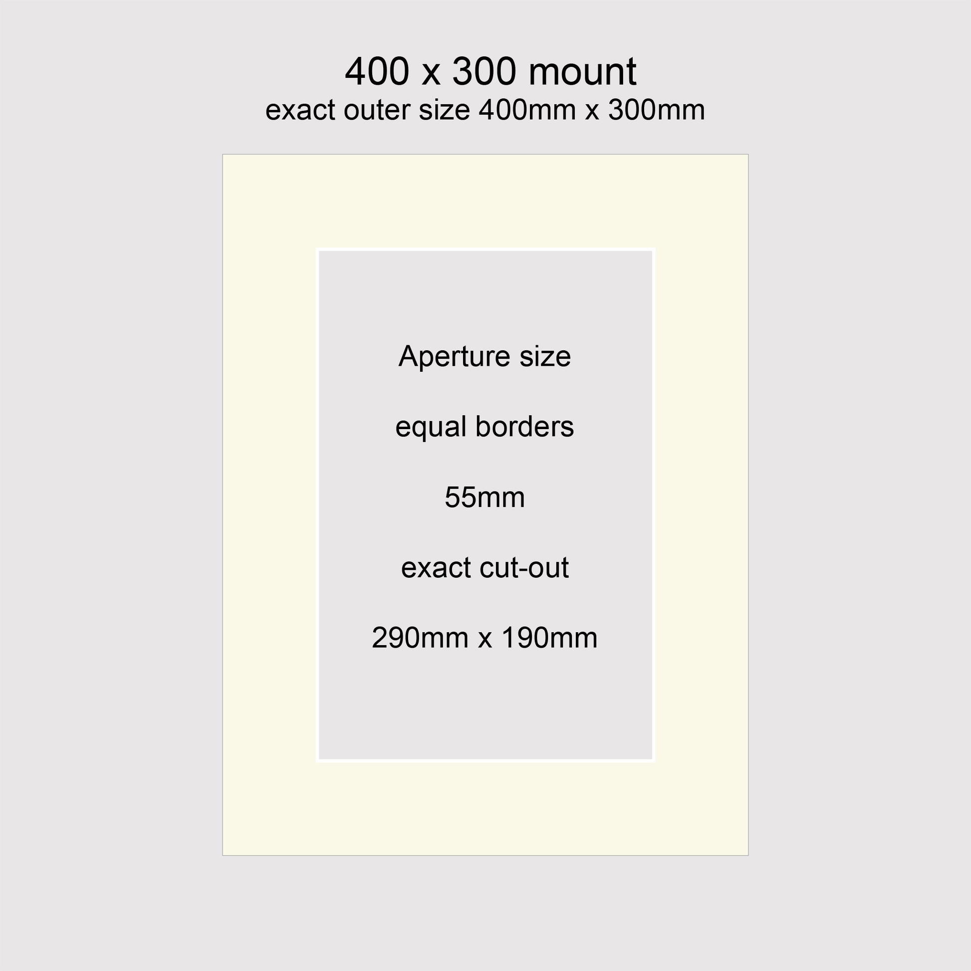 Standard size 400x300mm picture window photo mounts with equal 55mm borders, aperture size 290x190mm.