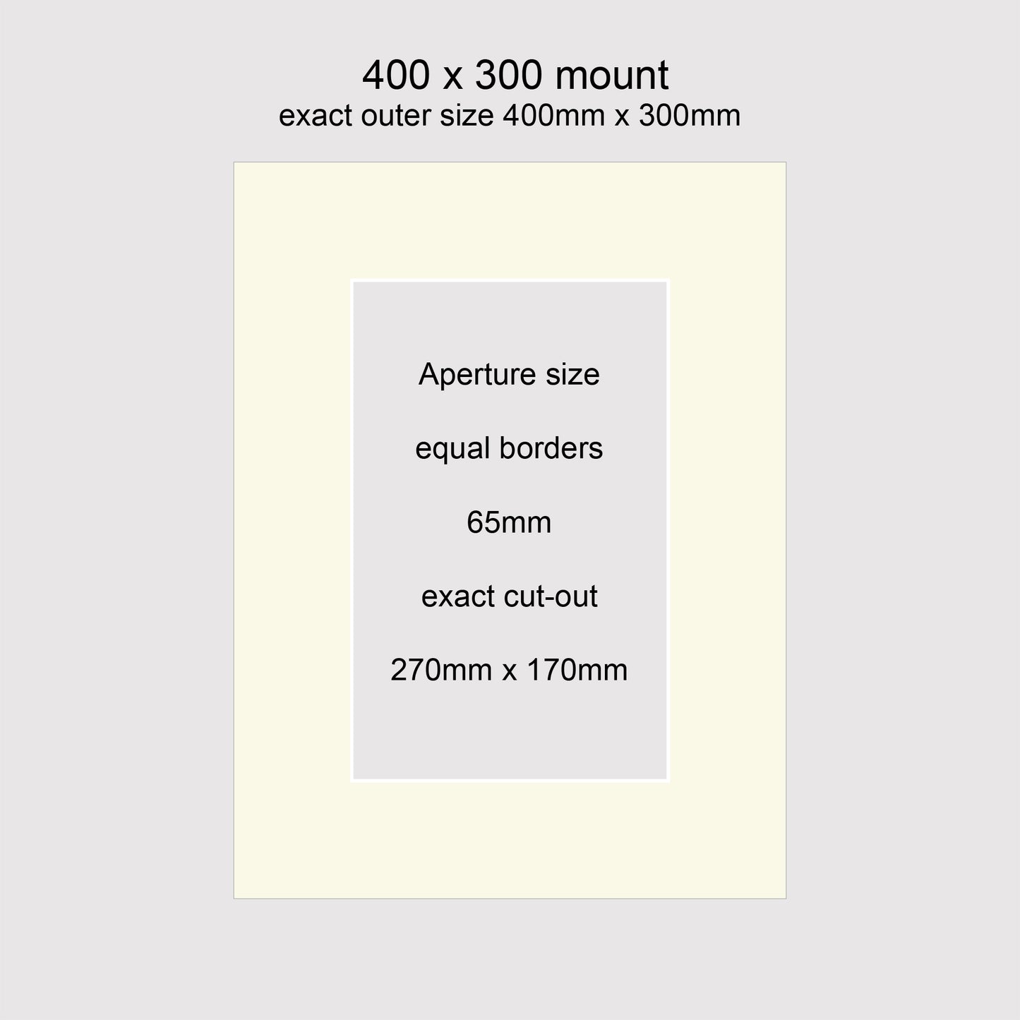 Standard size 400x300mm picture window photo mounts with equal 65mm borders, aperture size 270x170mm.